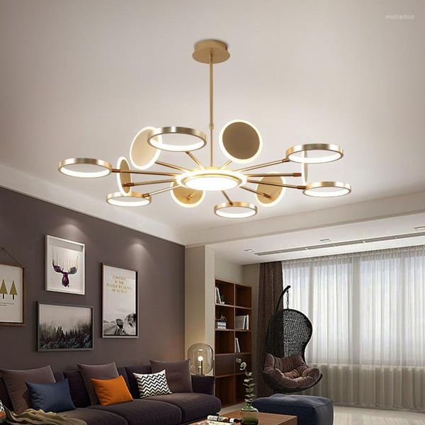 Lámparas colgantes Modern Gold / Black Metal Led Chandelier Lighting Anillos acrílicos Sala de estar Luces Dormitorio Lámpara colgante