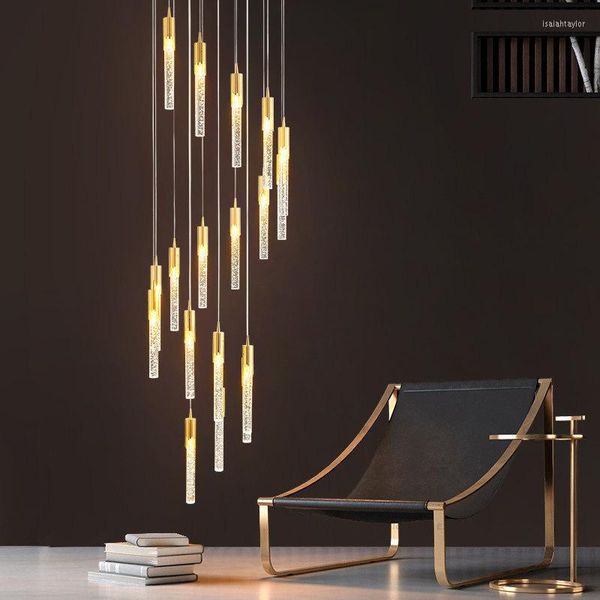 Lámparas colgantes Araña colgante moderna Lustre dorado Oval Acrílico Ático Escalera dúplex Sala de estar Comedor Techo LED