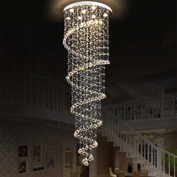 Lámparas colgantes Moderna Gran Escalera Grande Espiral Larga Araña de Cristal Iluminación Fuente de Luz LED Accesorio para Escalera Gota de Lluvia Lámpara Pendiente G230524