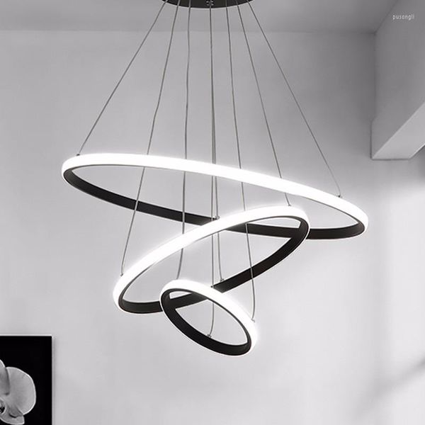 Lampes suspendues LED modernes lumières pour salle à manger anneaux noirs cercle salon chambre luminaires suspendus avec luminaire télécommandé