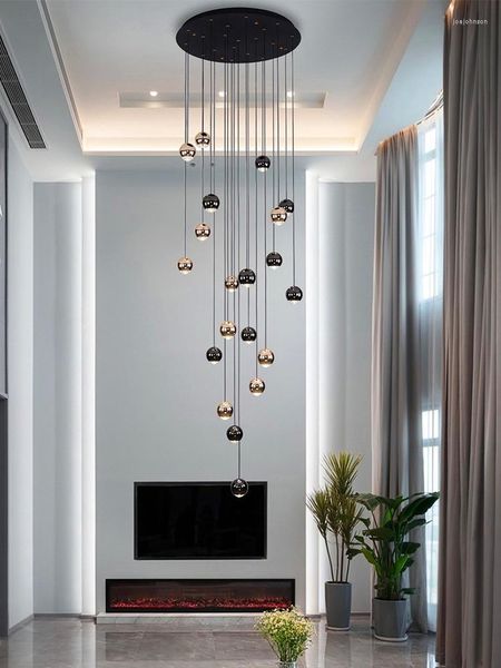 Lámparas colgantes, luz Led moderna para sala de estar, bola brillante de oro negro, cristal de lujo, ático dúplex, accesorio de decoración del hogar