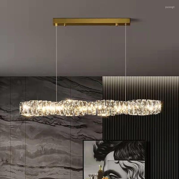 Lámparas colgantes modernas y lujosas para dormitorio, luces Led de cristal para sala de estar, candelabro dorado largo de 110V/220V, atenuación de 3 colores