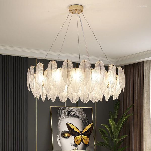 Lámparas colgantes Luces de lujo modernas Pluma de vidrio Oro E14 Metal para sala de estar Dormitorio Villa Araña Decoración para el hogar Accesorio de iluminación