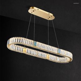 Lampes suspendues Moderne Ovale En Acier Inoxydable Chrome Doré Salle À Manger LED Lustre Éclairage Nordique De Luxe K9 Cristal Dimmable Lampe Suspendue