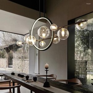 Lámparas colgantes Anillo redondo moderno Luces LED Candelabro de vidrio de poste largo negro Comedor Luz colgante Lámpara de suspensión de cocina 110 220V