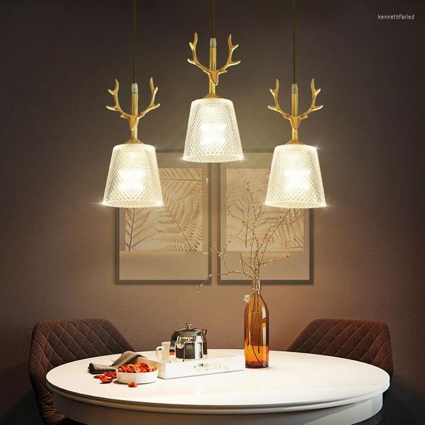 Lámparas colgantes Moderna personalidad simple y creativa Antlers All Copper Araña de tres cabezas