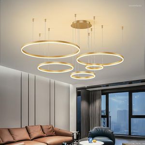 Lámparas colgantes Murlamp Modern Luxury Round Led Chandelier Dormitorio Sala Comedor Iluminación Golden Black Halo