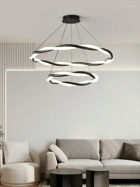 Lampes suspendues Plafonnier nordique minimaliste noir blanc circulaire salon lustre salle à manger LED hauteur réglable