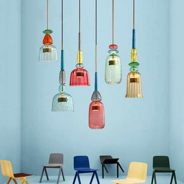 Lampes suspendues Couleur nordique Bonbons Lumières Chambre moderne Chambre d'enfants Tête unique Verre Suspendus Décor à la maison Luminaires RestaurantPendant