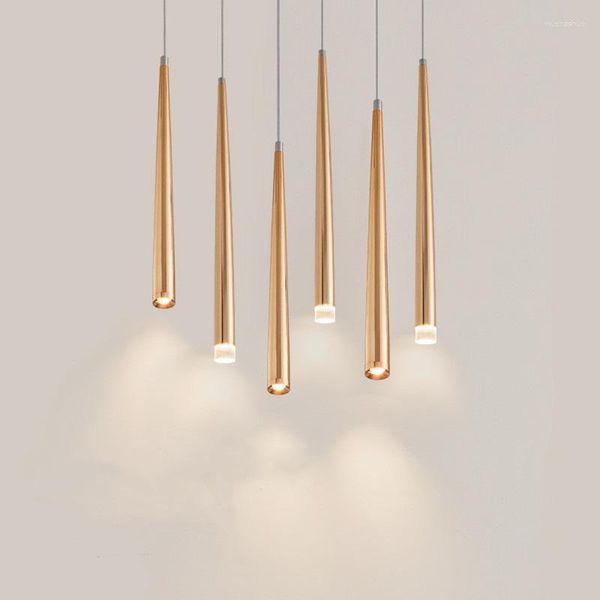 Lampes suspendues Nordic Conical Long Tube Lights 3/5 / 7W Salon Salle à manger Chambre Éclairage intérieur Tuyau en aluminium LED Lampe suspendue en cristal