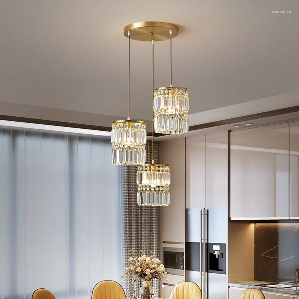 Lampes suspendues Nordic Cuivre LED Suspension Cristal De Luxe Éclairage Intérieur Lustre Moderne Lustre Salle À Manger Cuisine Luminai Luminaires