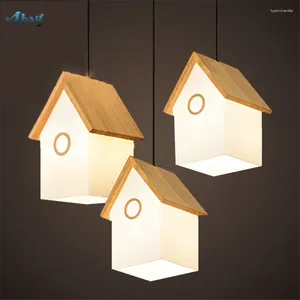 Hanglampen Nordic Creatieve Glazen Kleine Huis Vorm Verlichting Voor Woonkamer Kinderen Slaapkamer Home Decor Houten Hanglamp Led E14