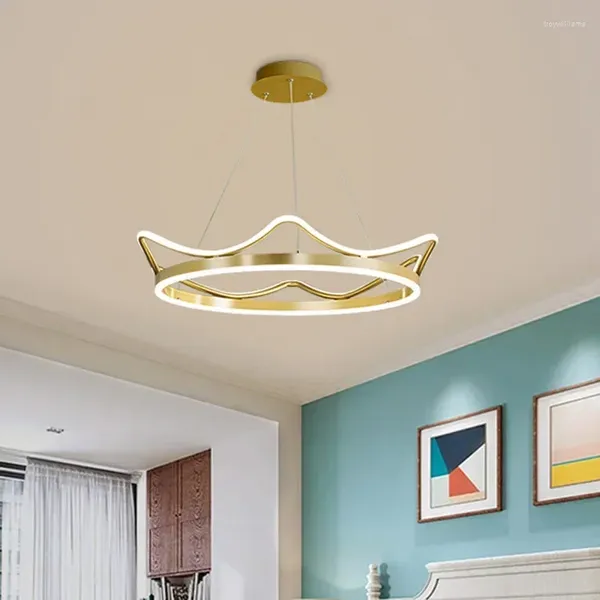 Lámparas colgantes Forma de corona nórdica LED Tira de luz Oro Rosa Anillo de acero inoxidable Araña Decoración del hogar para el dormitorio de los niños del bebé