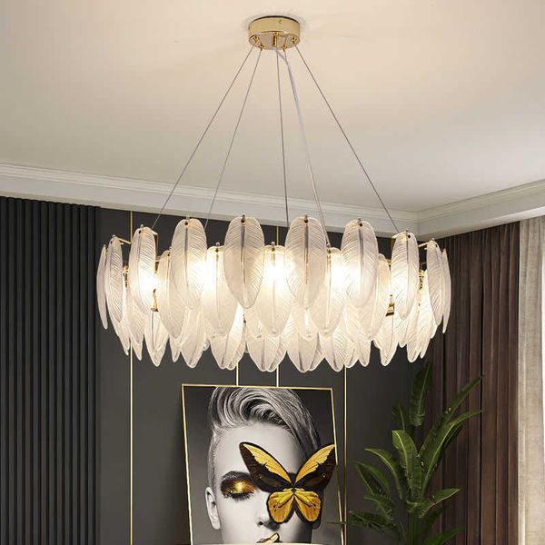 Lámparas colgantes Nordic Glass Feather Chandeliers Luxury Gold LED Chandelier Anillo redondo Living Dining Lamp Indoor Pendant Lighting Fixture G230524