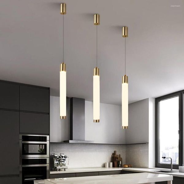 Lampes suspendues Nordic LED Lustre Lumière Or Cylindrique Long Tube Lampe Pour Restaurant Cuisine Île 360 Degrés Lumineux