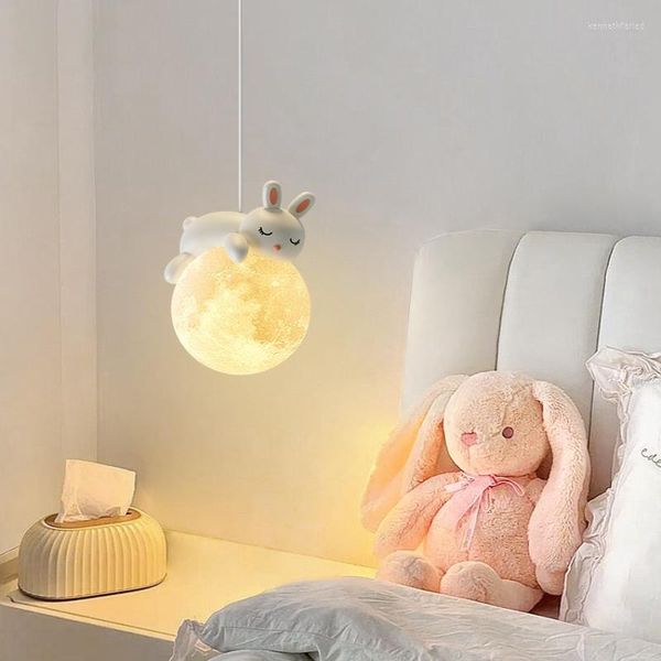 Lámparas colgantes LED nórdicas para niños, luces colgantes para cabecera, decoración de oso blanco, lámpara colgante moderna minimalista para habitación de princesa bebé