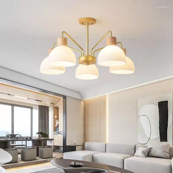 Lampes suspendues lumière nordique luxe bois japon Style salon salle à manger caoutchouc verre abat-jour chambre lustre éclairage Simple