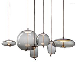 Lampes suspendues Design minimaliste nordique en verre bleu lustre unique décor de restaurant moderne LED placage d'éclairage rose lampe de bricolage en métal doré