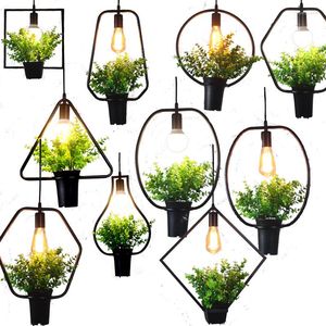 Hanger lampen Noordelijke moderne smeedijzeren zwart geschilderde geometrische vorm met nep groen plantenkoord ophangende E27 LED Edison -bollichten