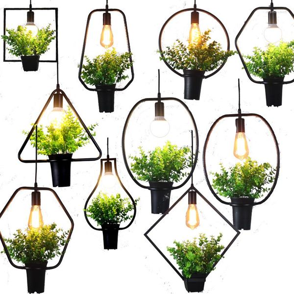 Lampes suspendues Nordic moderne en fer forgé noir peint forme géométrique avec faux cordon de plante verte suspendu E27 LED Edison ampoule lumières