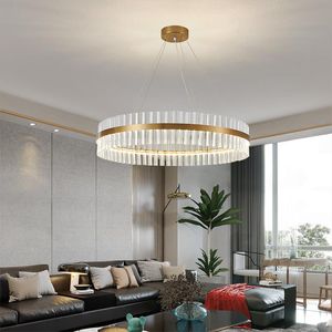 Lampes suspendues Lampe en cristal doré post-moderne nordique avec bande de haute qualité pour lustre LED dans le salon chambre à coucher salle à mangerpendentif
