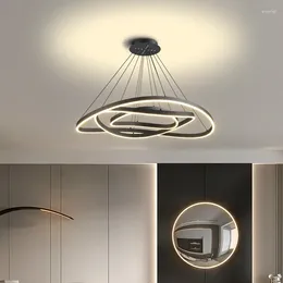 Lampes suspendues Nordic Simple LED Lampe d'éclairage à intensité variable Noir Blanc Aluminium Fer Cercle Chambre Salon Restaurant Décor Luminaire