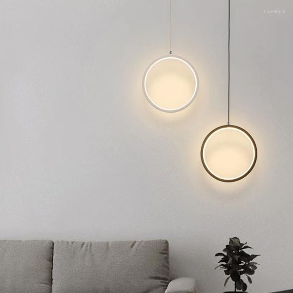 Lámparas colgantes Nordic Simple LED Long Wire Suspensión Lámpara colgante Sala de estar Moderna Lámpara redonda blanca y negra para iluminación lateral de cama