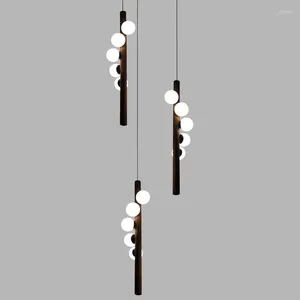 Lampes suspendues Style nordique Restaurant lampe noyer bande lumineuse personnalité créative café El Bar modèle chambre verre bois lustres