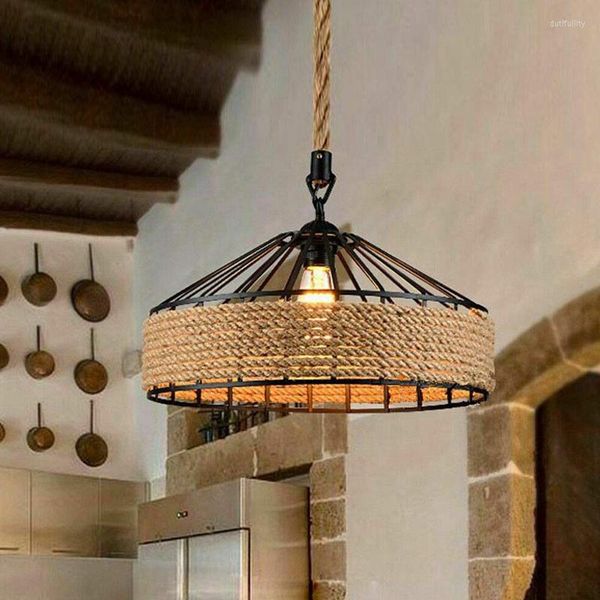 Lámparas colgantes Nordic Vintage Industrial Twine Iron Antique Attic Country Kitchen Bar Comedor Decoración Ajustable Luces de techo creativas