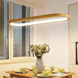 Lampes suspendues nordique en bois ovale anneau Design lumières LED créatif Simple journal appartement salon chambre Suspension luminaires