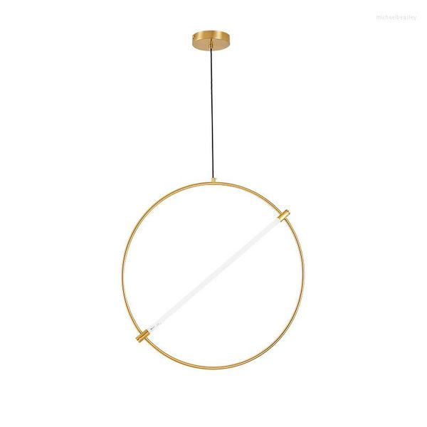 Lámparas colgantes de hierro forjado nórdico, acabado dorado, cordón Circular, luz colgante con tubo, lámparas colgantes de cristal LED para comedor y sala de estar