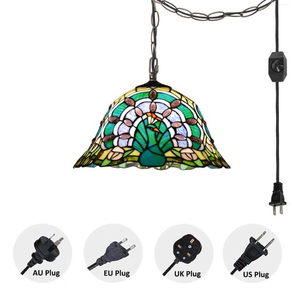 Lampes suspendues NuNu 1 PCS Tiffany Paon Forme Lumière Vitrail Lustre Baroque Avec Plug In Dimmable Cordon Pour Îlot De Cuisine