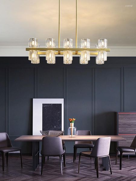 Lampes suspendues lumière post-moderne lustre carré de luxe tout en cuivre longue rangée cuisine salle à manger Bar décoration de la maison lampe