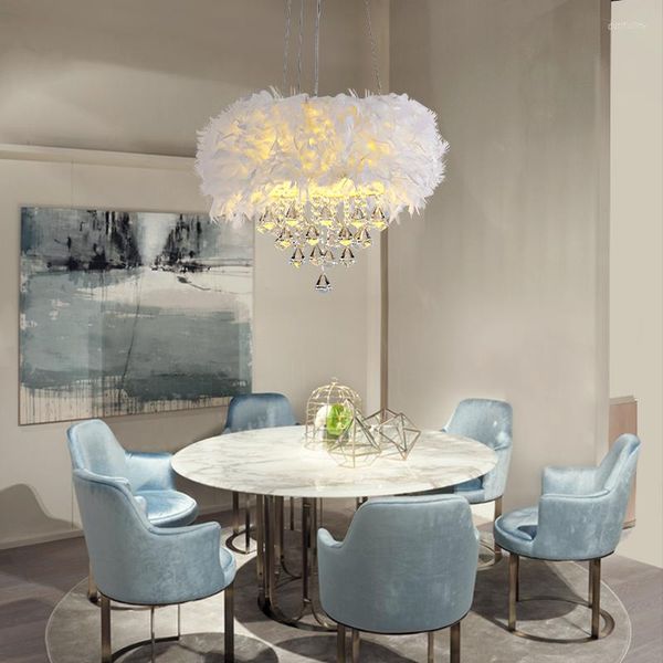 Lampes suspendues cristal postmoderne Led lustre Restaurant nordique Table Bar Simple chambre chaud romantique enfants plume lampe