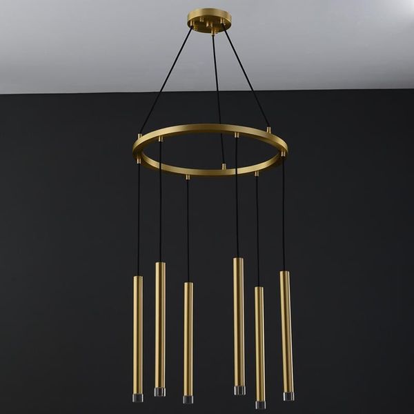 Lámparas colgantes Postmodern Light Luxury All-copper Restaurant Bar Cafetería Escalera Straight Pipe Art ChandelierPendant