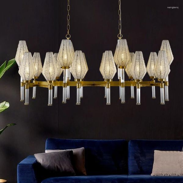 Lámparas colgantes posmoderno sala de estar de lujo araña americana simple cobre cristal luz creativa club villa mesa de comedor larga