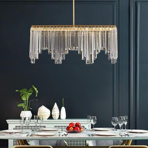 Lampes suspendues Lustre de salle à manger en cristal rectangulaire Simple Lampe de vie de luxe en cuivre pur Atmosphère Led Éclairage de haute qualité