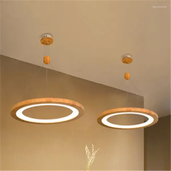 Lampes suspendues Restaurant Lustre Style moderne Lampe de salon Lampe en bois massif Anneau rond LED Chambre Art Personnalité nordique