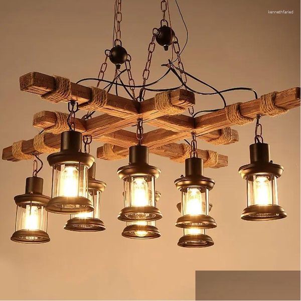 Lámparas colgantes Luces industriales retro 8 cabezas Lámpara de madera vintage Cafe Bar Tienda de ropa Loft Lámpara de hierro de vidrio Droplights de madera Dhky0