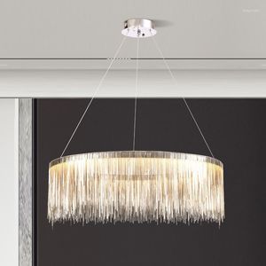 Lampes suspendues lustre à chaîne en argent pour salon salle à manger décor à la maison moderne éclairage intérieur Led créatif rond/rectangle/arc Design