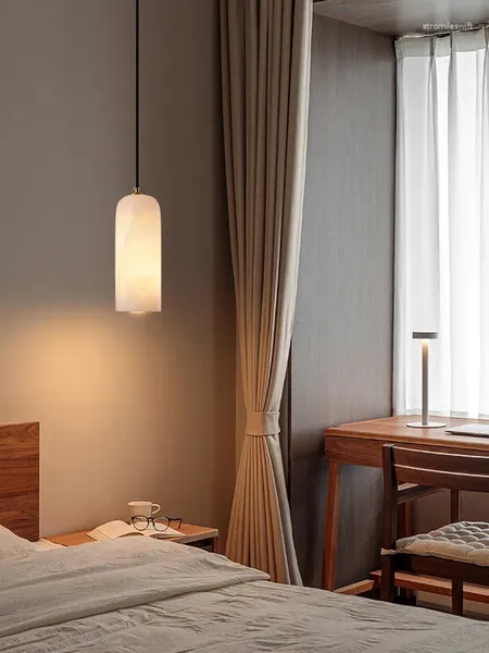 Lampes suspendues simples tout en cuivre lumière de luxe chinois haut de gamme El chambre barre de chevet marbre espagnol lustre à tête unique