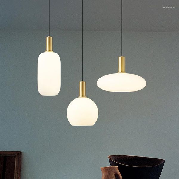 Lampes suspendues Simple Tout Cuivre Restaurant Lampe Moderne Lait Blanc Verre Chambre Chevet Maison Séjour Couloir Bar E27 Lustres