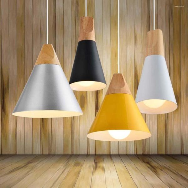 Lampes suspendues Simple Créatif Trois Couleurs Bois Aluminium Cône Lumière Naturelle Fraîche Campagne Café Bar