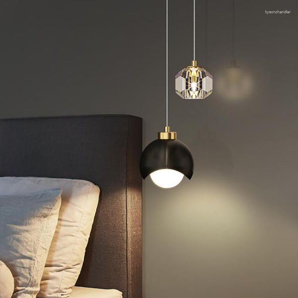Lampes suspendues petit chevet cristal Led lustre éclairage luxe moderne créatif longue barre salle à manger cuivre chambre lustres
