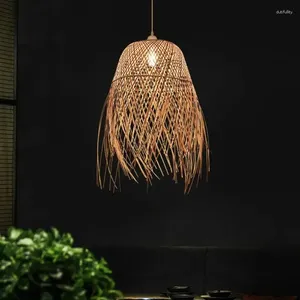 Hanger lampen Zuidoost -Azië creatieve persoonlijkheid restaurant bar familie stijl bamboe kunst geweven led lamp Chinese kroonluchter