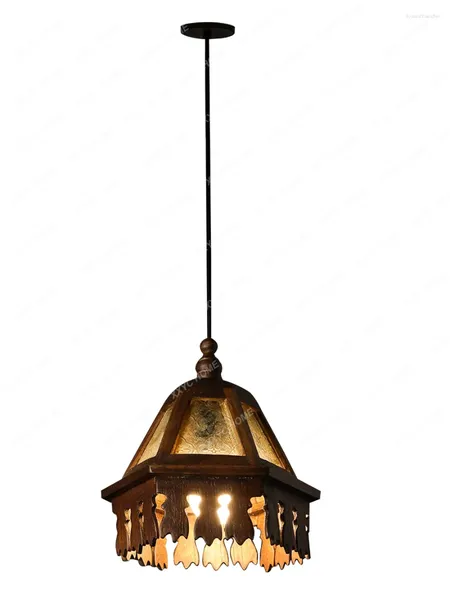 Lampes suspendues Style asiatique du Sud-Est Thai rétro lustre en bois massif lampe de chevet en verre