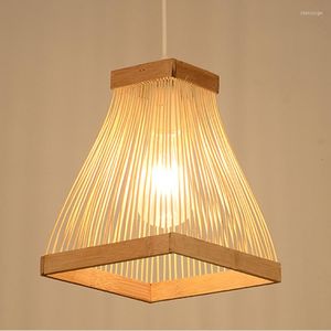 Hanger lampen vierkante hoorn bamboe lamp hand gebreide houten lichten e27 antieke eenvoudige salon eetkamer studie huisverlichting g075