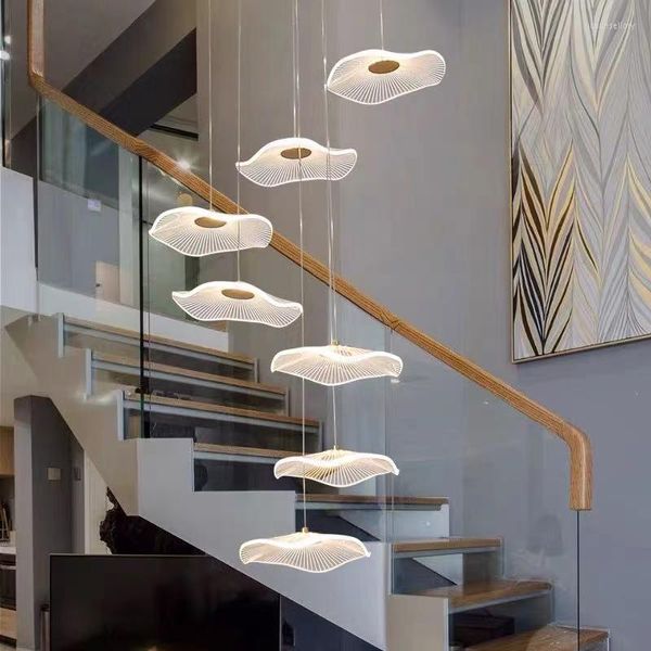 Lampes suspendues Escalier Lustre Duplex Salon Grand Moderne Minimaliste Créatif Feuille De Lotus Rotation Pick Loft Vide