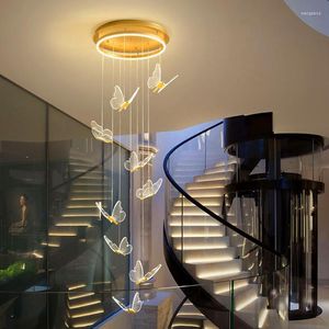 Lampes suspendues Lustre d'escalier Villa Salon Creative Butterfly Art Loft Suspendu Nordic Stairwell Rotation LED Lumières à intensité variable