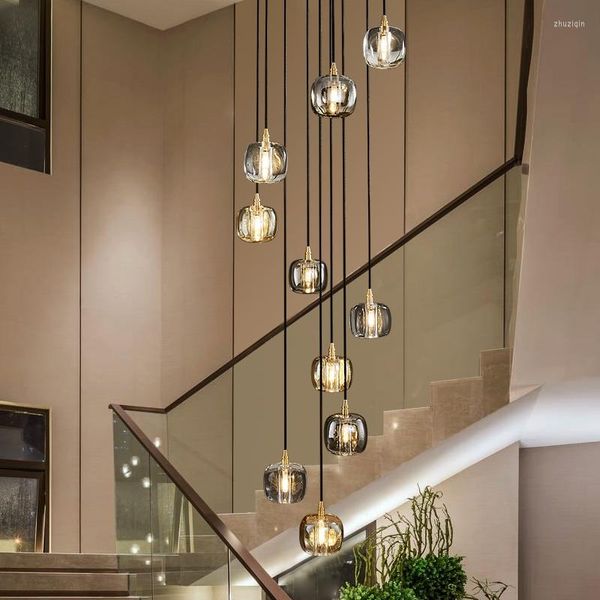 Lampes suspendues lampe d'escalier longue postmoderne duplex bâtiment villa tout cuivre lumière luxe atmosphère simple lustre rotatif